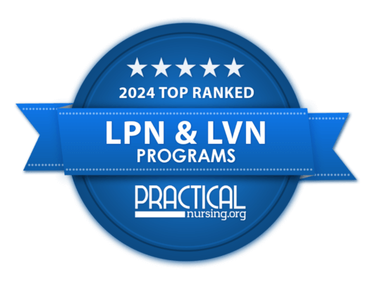 PracticalNursing.org badge indicating top-ten ranking for Maria LPN Program