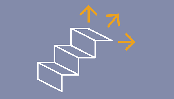 stairs with arrows pointing in three different directions at the top