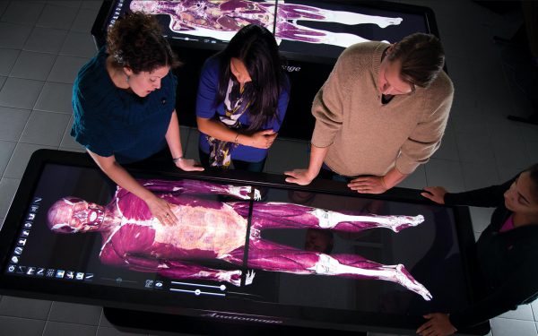 students gathering around the anatomage table