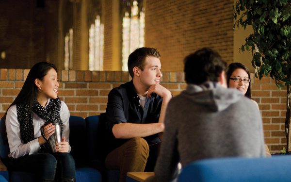 first year students talking in the student lounge in Marian Hall